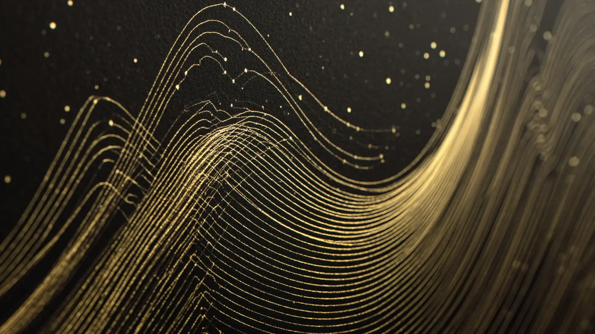 Abstract flowing gold data lines on a dark ground, representing quarterly private equity valuation reporting over time