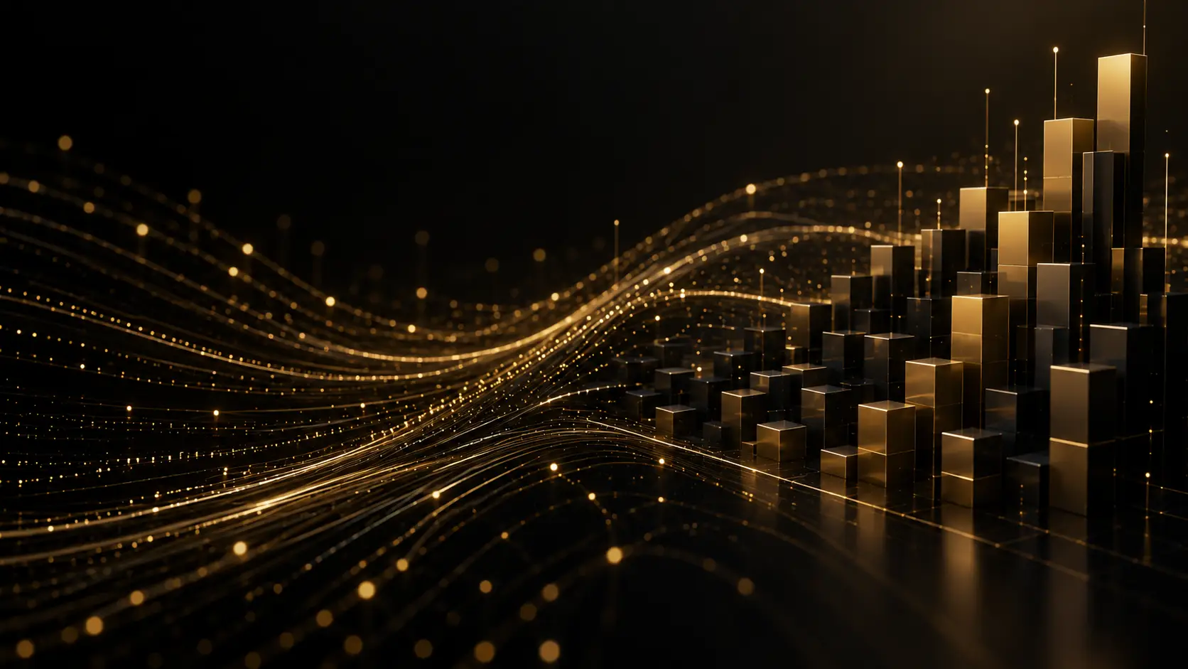 Abstract golden streams of light and data points flowing across a dark background