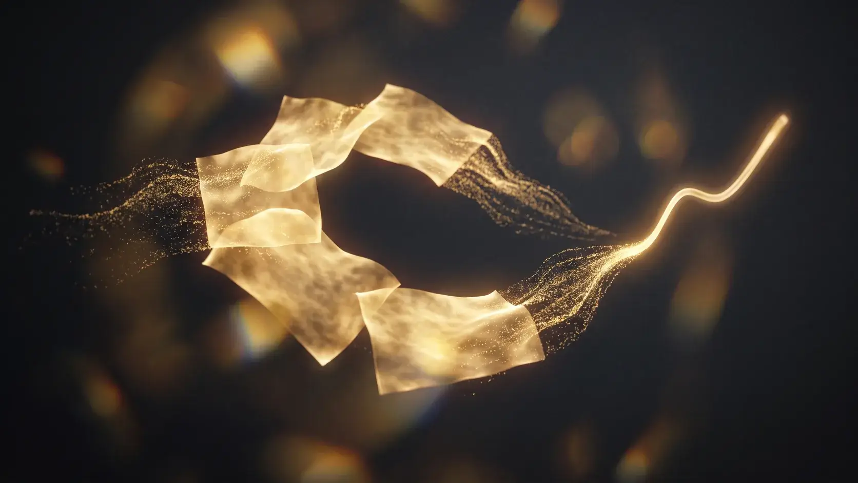 Golden report pages dissolving into particles that form a rising performance line on a dark background