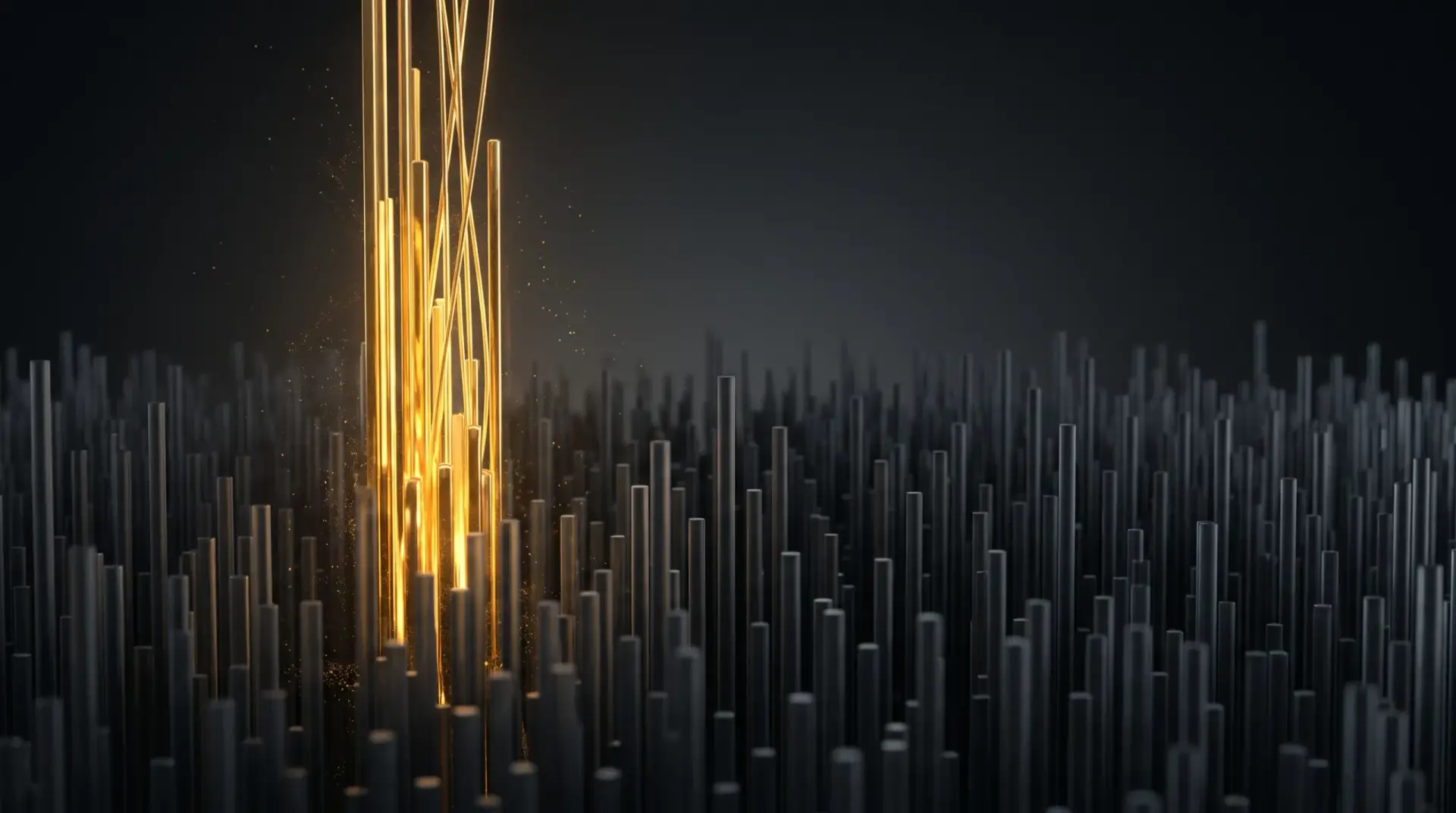 Small cluster of luminous golden bars rising far above a vast field of dark grey bars